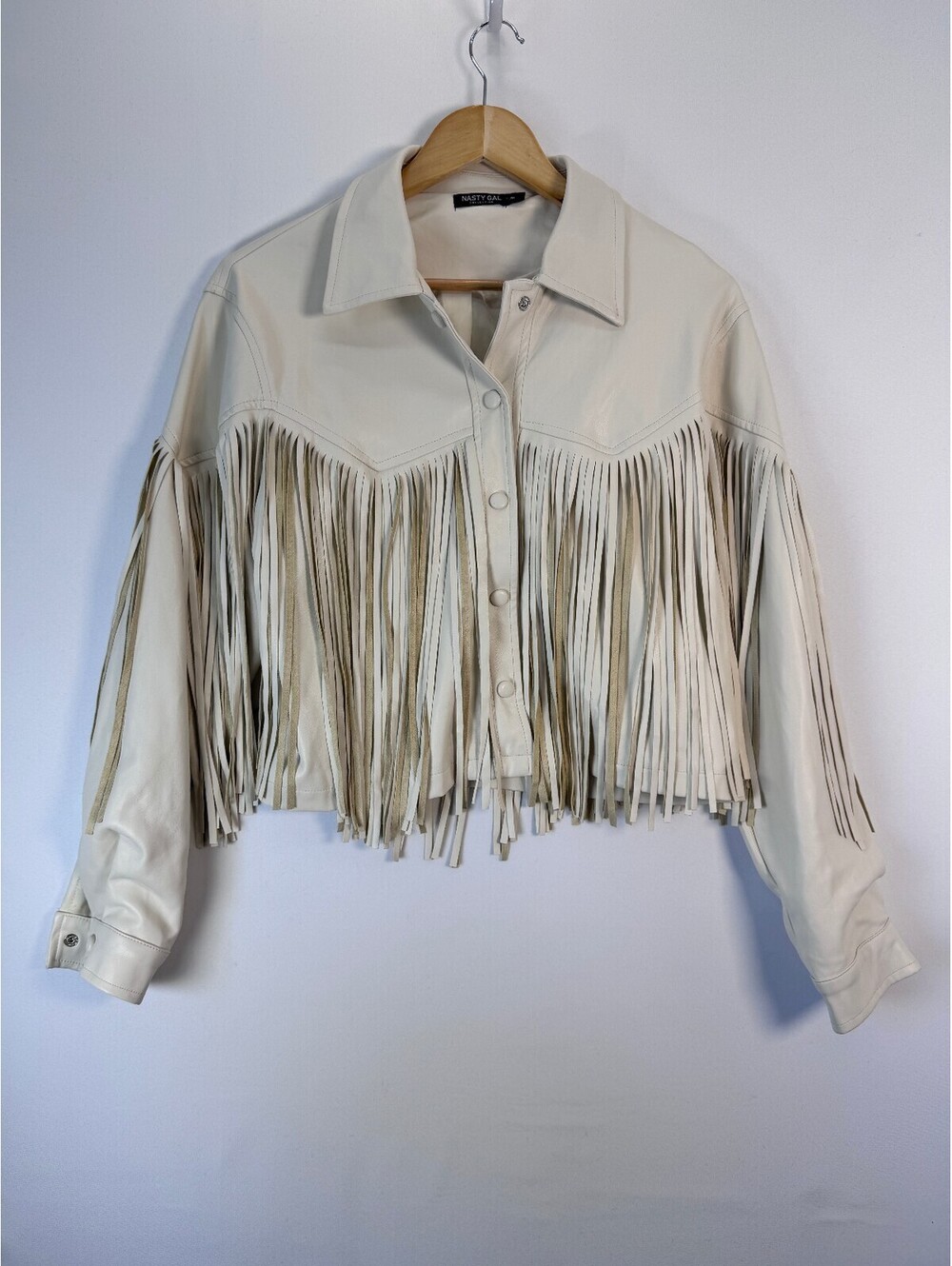 Nasty Gal Faux Leather Fringe Western Shacket Cream Boho Cowgirl Women’s M - Picture 1 of 8
